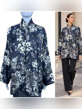 Eskandar Silk Floral Oversized Collared Blouse Size 1 Medium To Wear Tunic Shirt